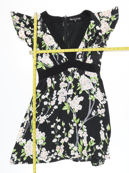 Mela Loves London Women Black Floral A-Line Short Dress Size 12