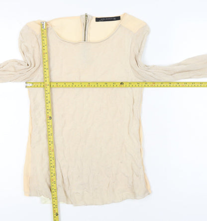 Zara Woman Beige Long Sleeve Blouse Women Size 8 Scoop Neck