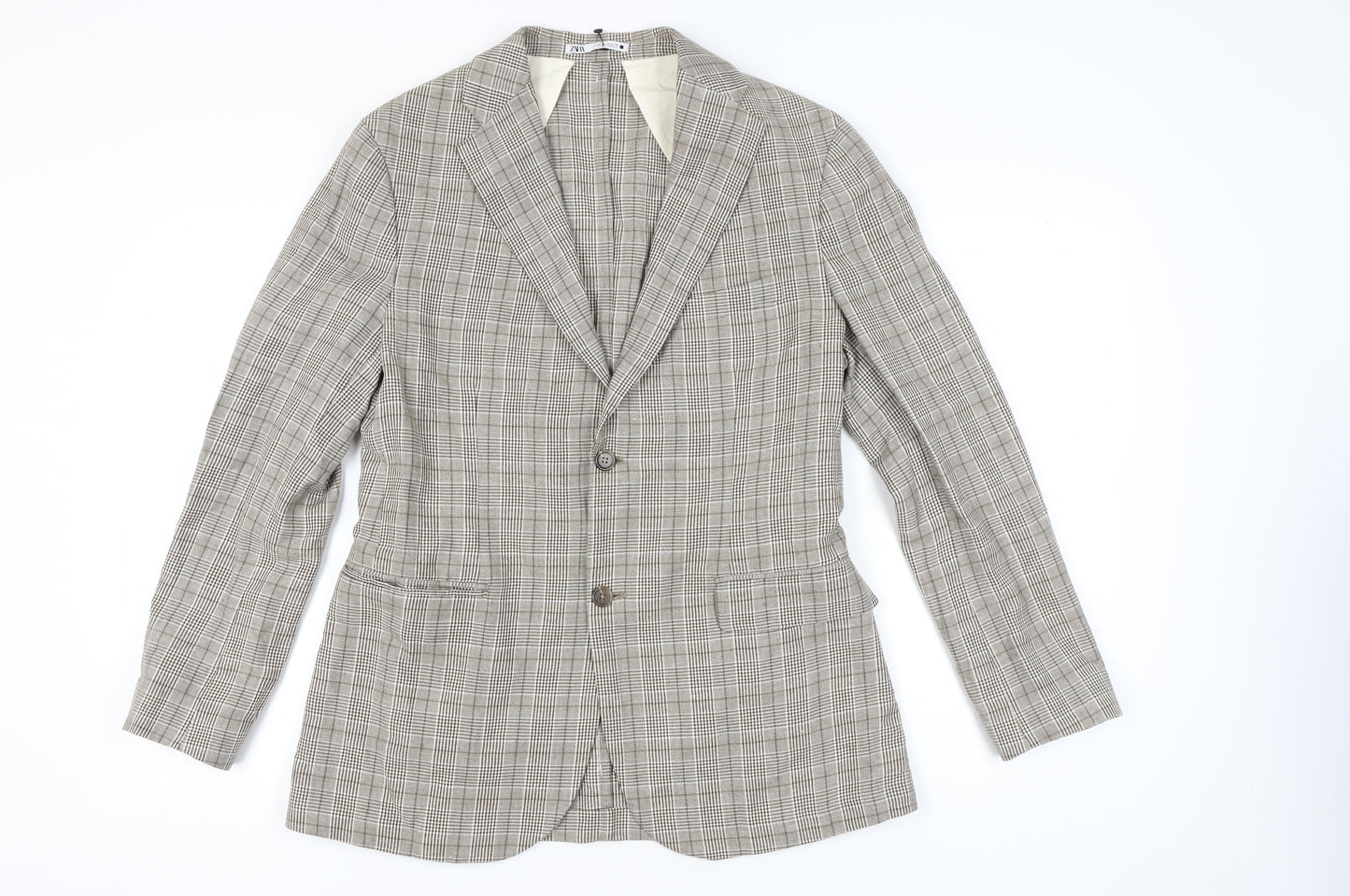 Zara Women Beige Check Linen Blend Blazer Jacket Size 14