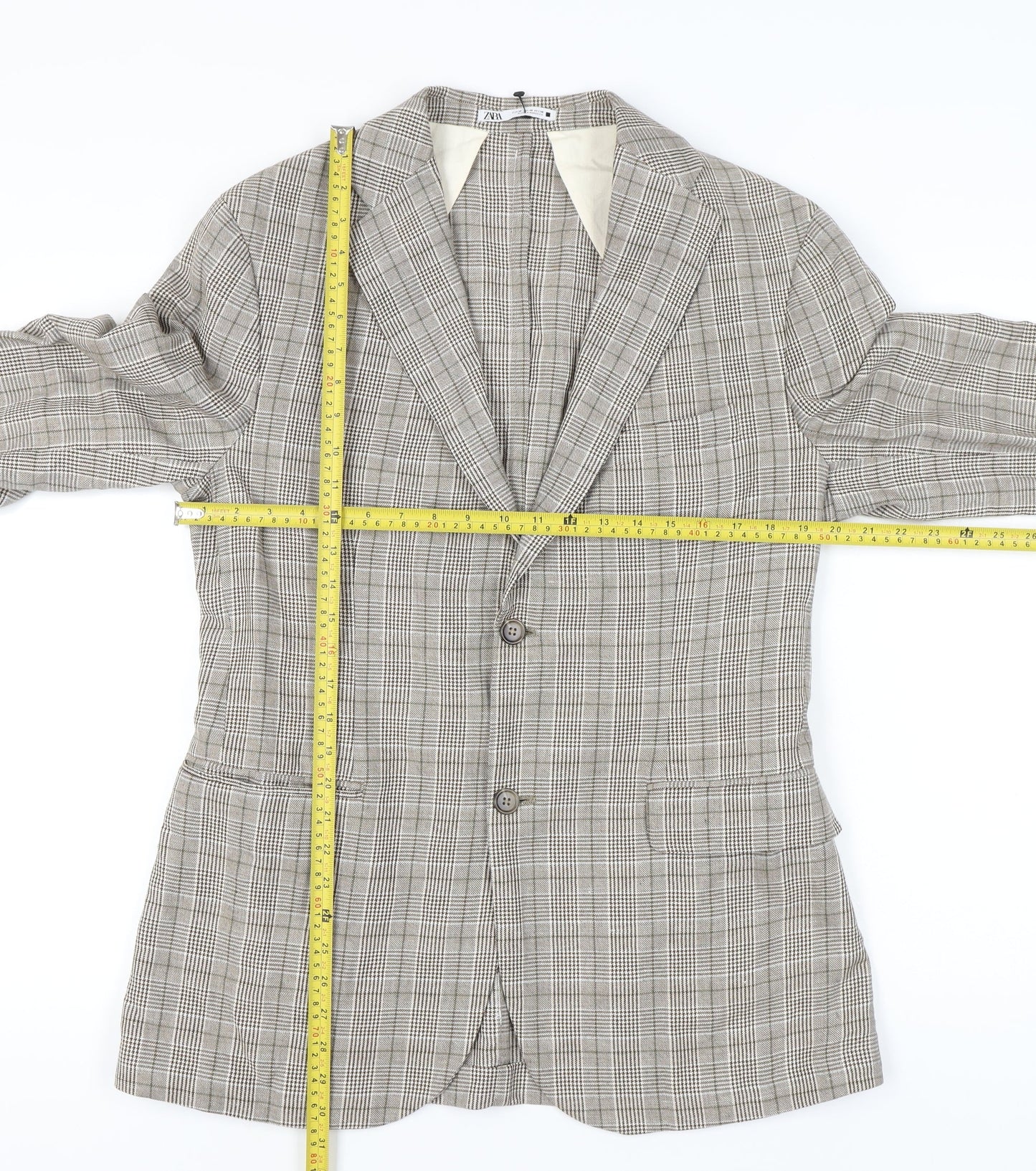 Zara Women Beige Check Linen Blend Blazer Jacket Size 14