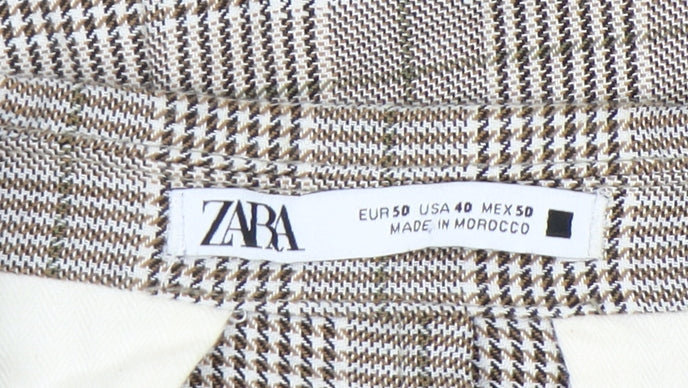 Zara Women Beige Check Linen Blend Blazer Jacket Size 14