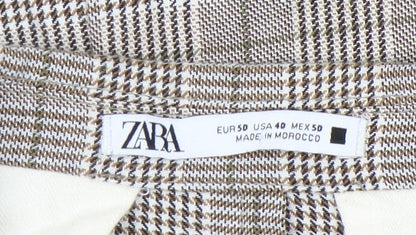 Zara Women Beige Check Linen Blend Blazer Jacket Size 14