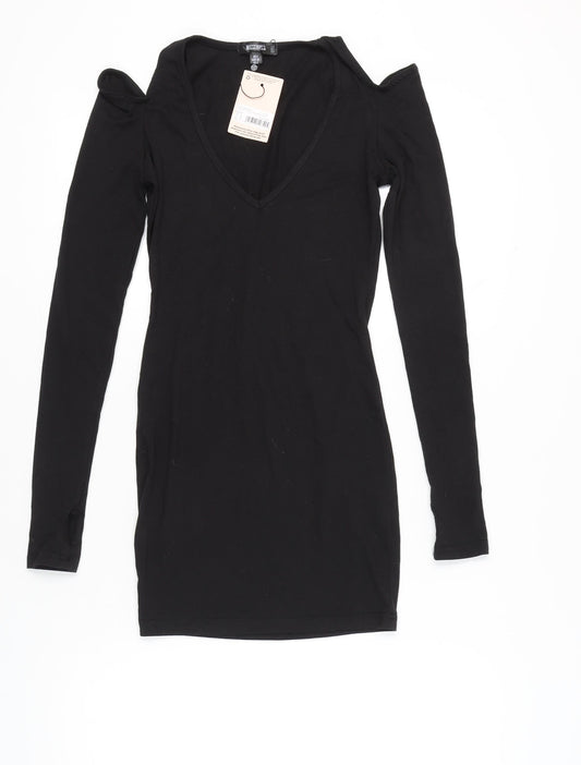 Missguided Women Black Bodycon Mini Dress UK 6 Cold Shoulder V-Neck