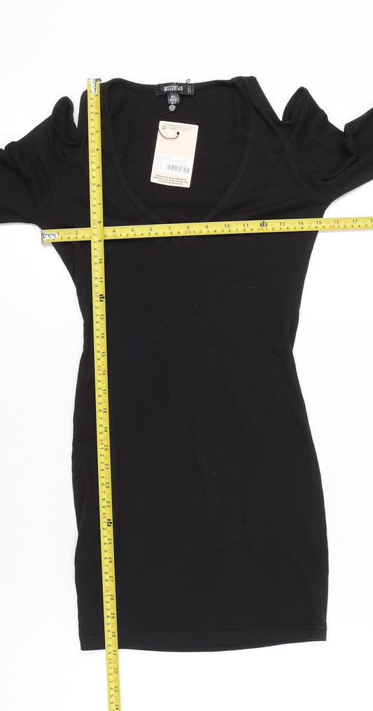 Missguided Women Black Bodycon Mini Dress UK 6 Cold Shoulder V-Neck