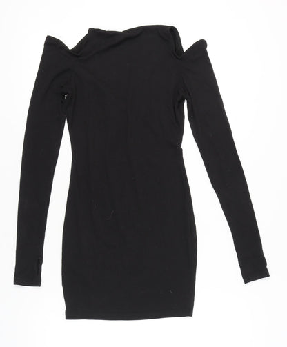 Missguided Women Black Bodycon Mini Dress UK 6 Cold Shoulder V-Neck