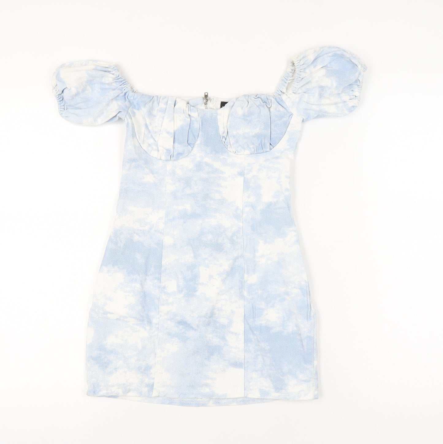 PrettyLittleThing Women’s Blue Tie Dye Puff Sleeve Bodycon Dress Size 2
