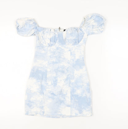 PrettyLittleThing Women’s Blue Tie Dye Puff Sleeve Bodycon Dress Size 2