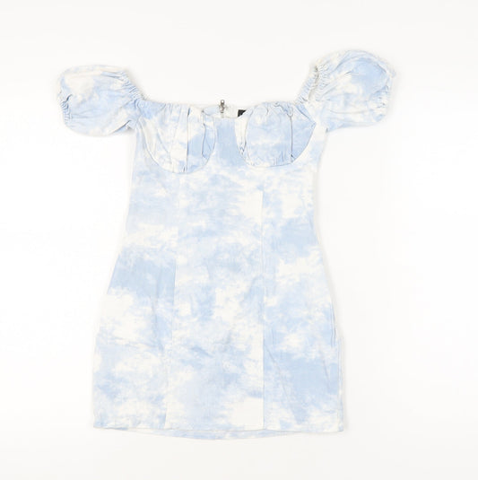 PrettyLittleThing Women’s Blue Tie Dye Puff Sleeve Bodycon Dress Size 2