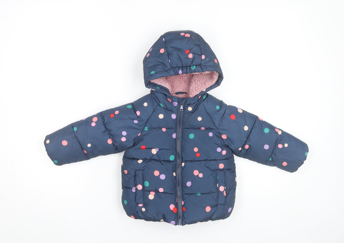Marks and Spencer Girls Blue Polka Dot Puffer Jacket Hooded 2 Years