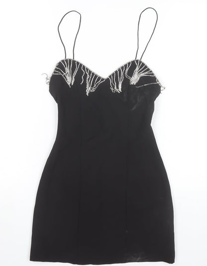 Zara Womens Black XS Bodycon Party Mini Dress Beaded Strappy