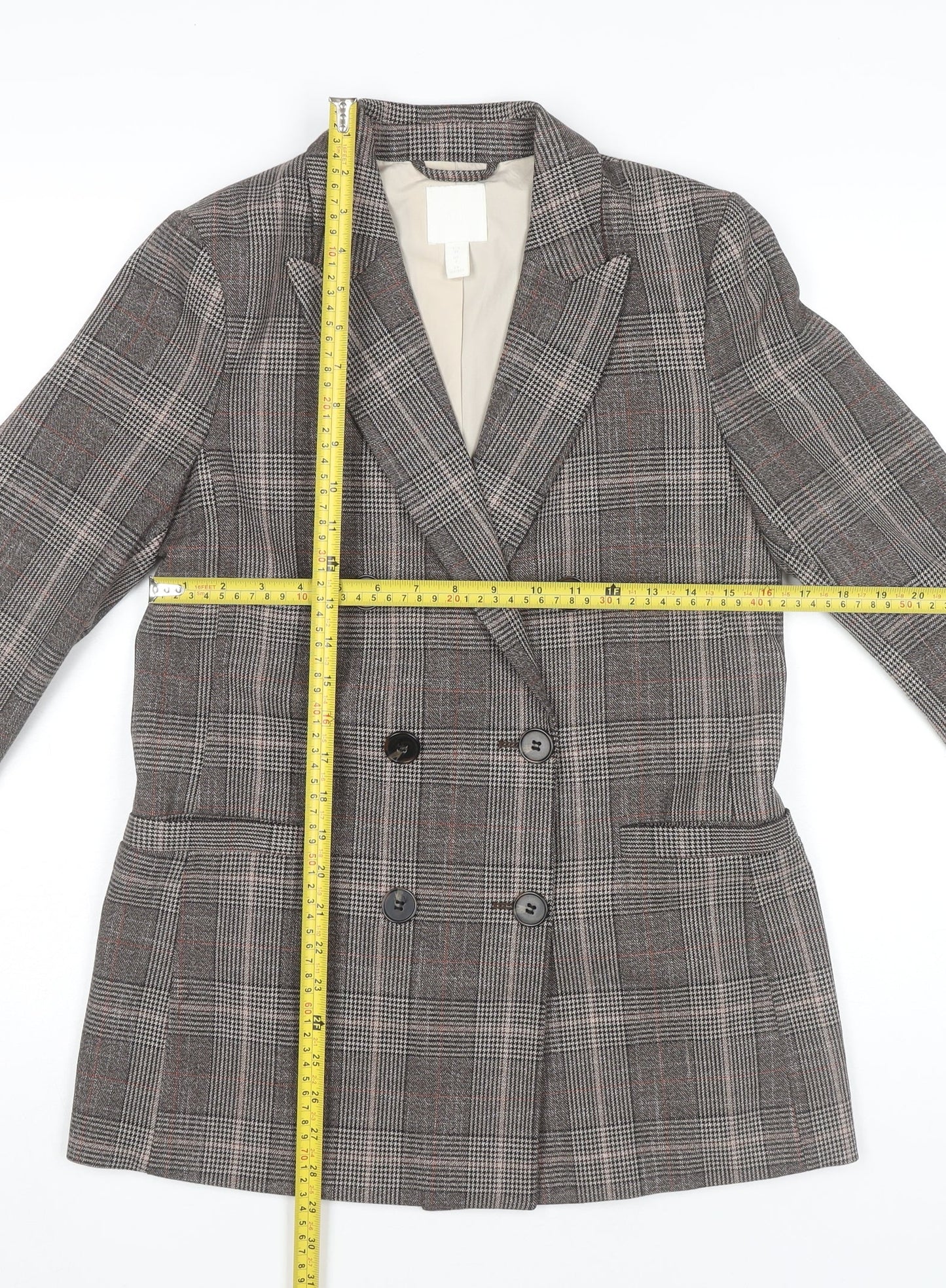 H&M Womens Grey Check Double Breasted Blazer UK 6 Regular Fit