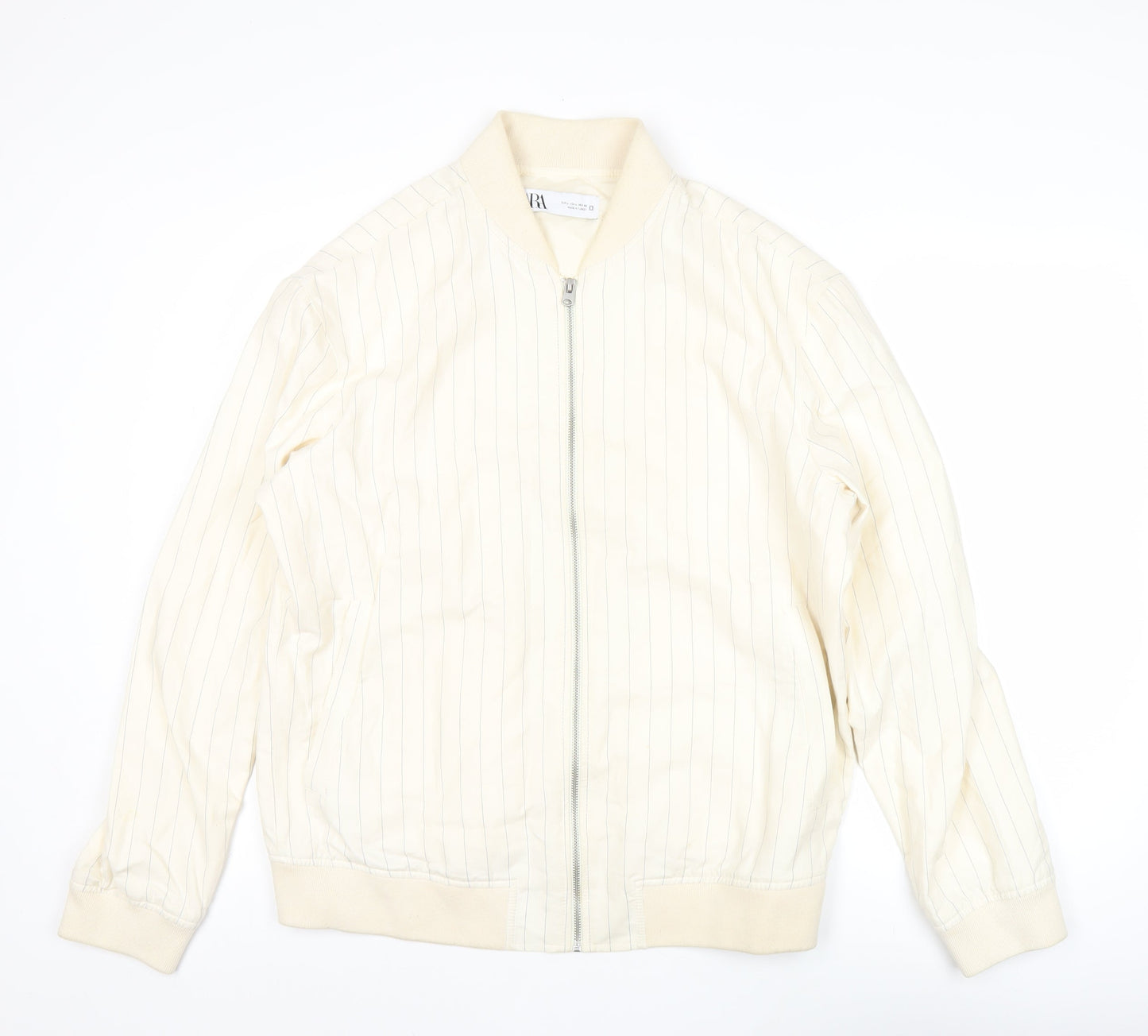 Zara Men’s Ivory Striped Bomber Jacket L Cotton Linen Casual