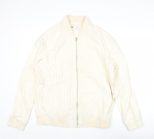 Zara Men’s Ivory Striped Bomber Jacket L Cotton Linen Casual