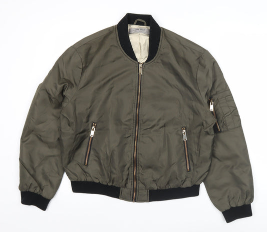 Zara Basic Men’s Green Bomber Jacket L Zip Pockets Casual