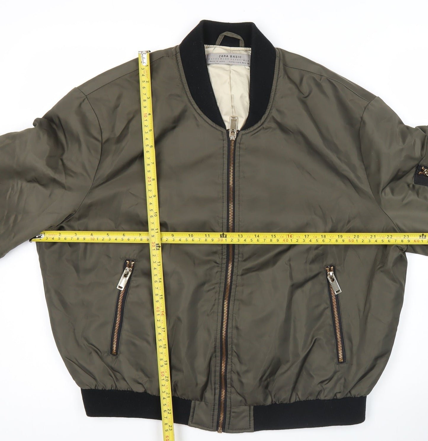 Zara Basic Men’s Green Bomber Jacket L Zip Pockets Casual