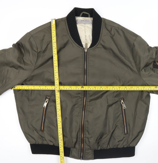 Zara Basic Men’s Green Bomber Jacket L Zip Pockets Casual