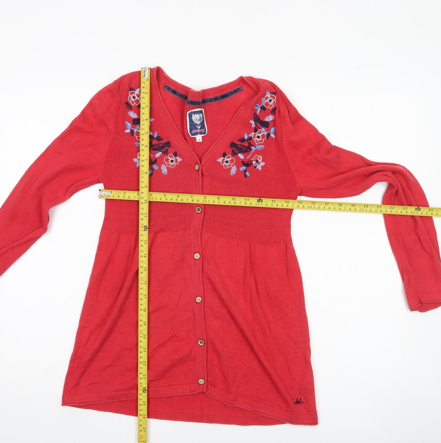 Mandarary Womens Red Floral Cotton Cardigan Size 10 Long Sleeve