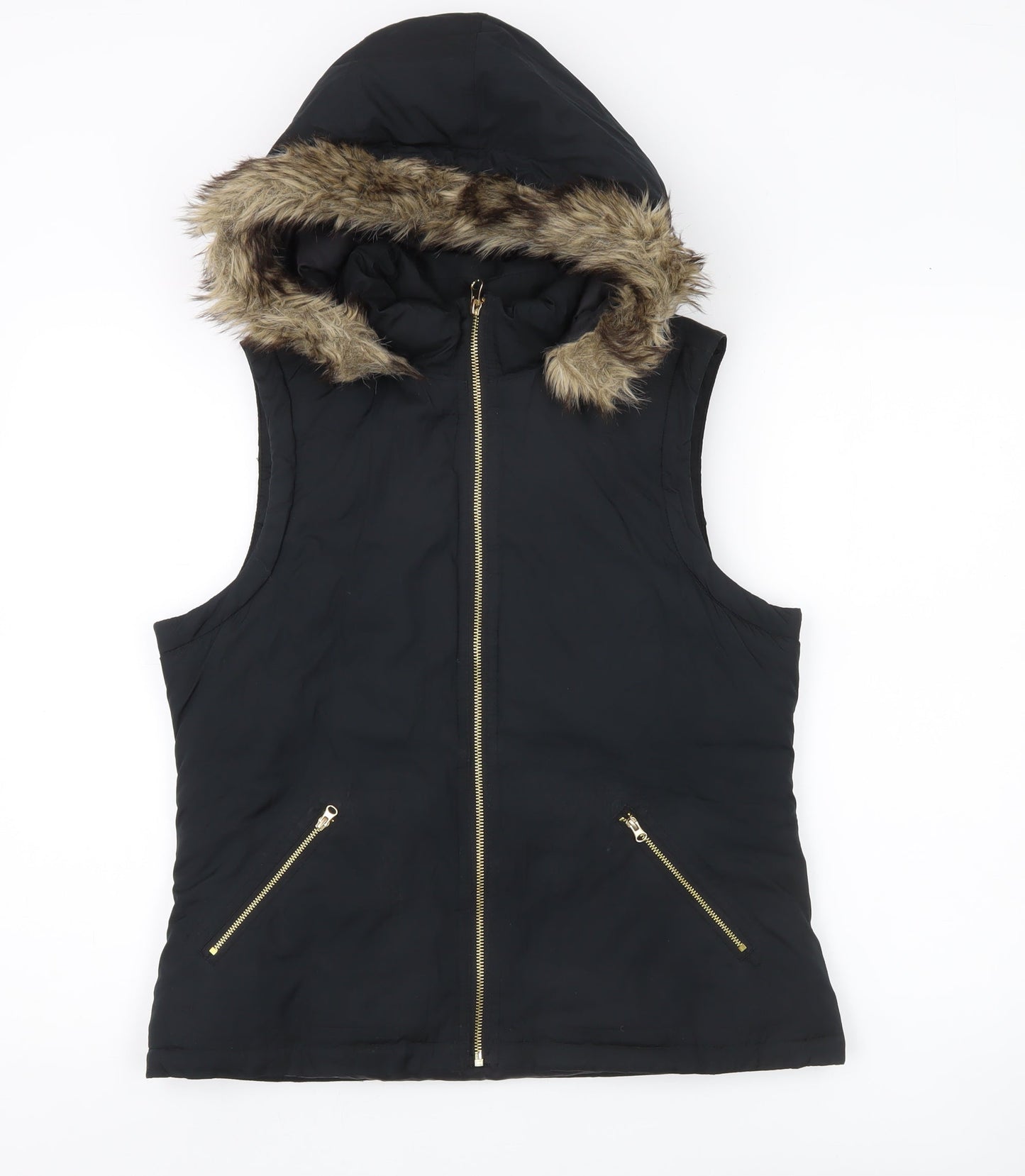 Gap Women’s Black Faux Fur Hooded Puffer Waistcoat Size 8