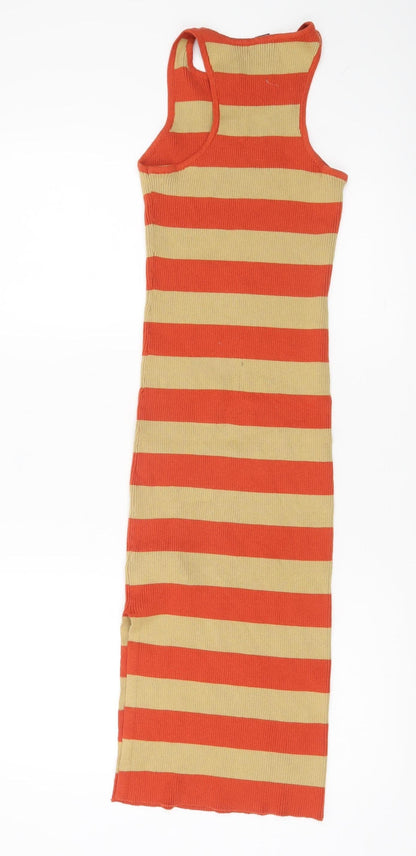 Forever 21 Women Orange Beige Striped Bodycon Knit Midi Dress XS