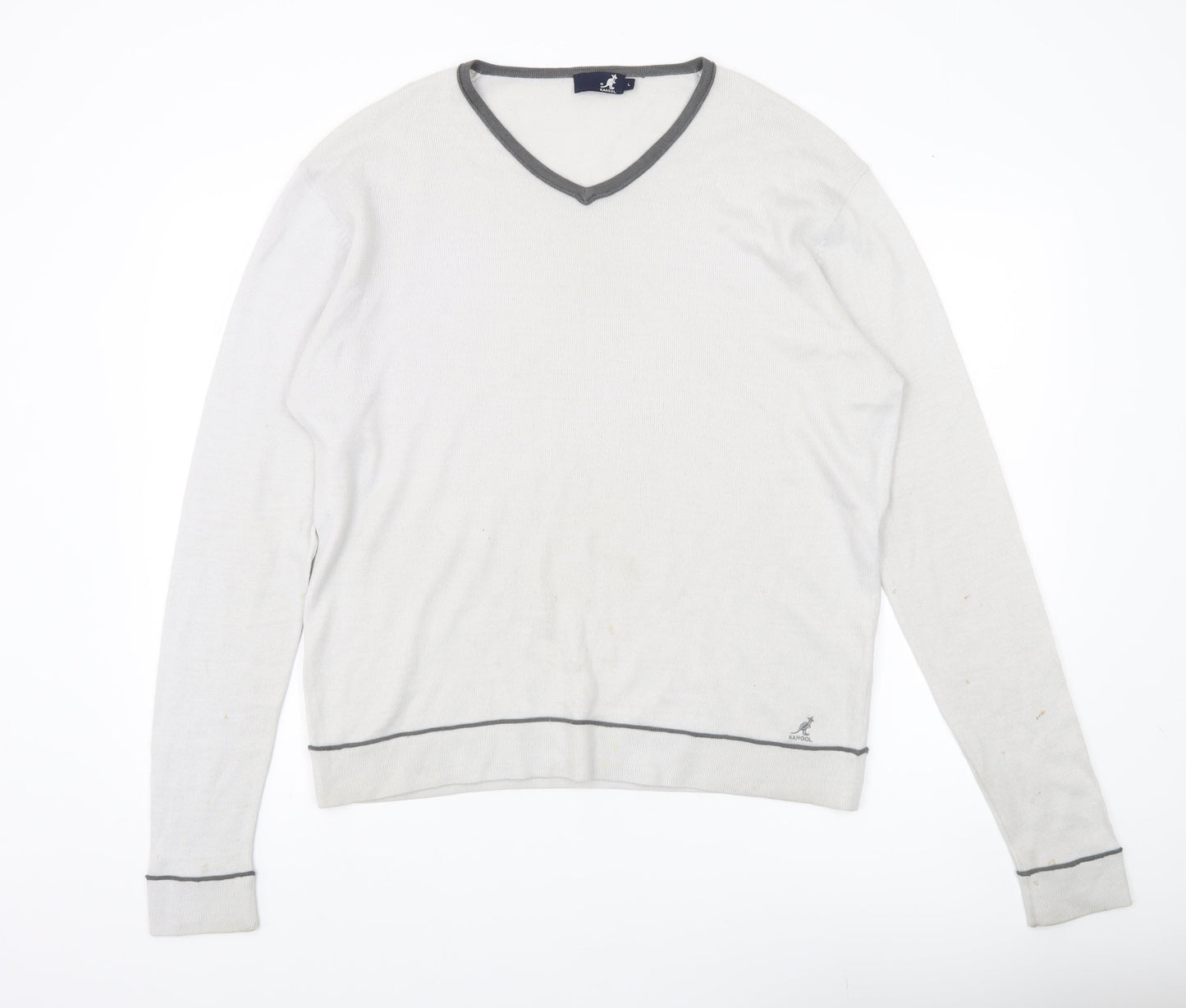 Kangol Mens Grey V-Neck Pullover Jumper L Wool Blend Long Sleeve