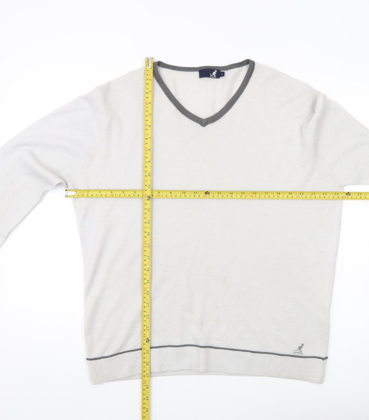 Kangol Mens Grey V-Neck Pullover Jumper L Wool Blend Long Sleeve