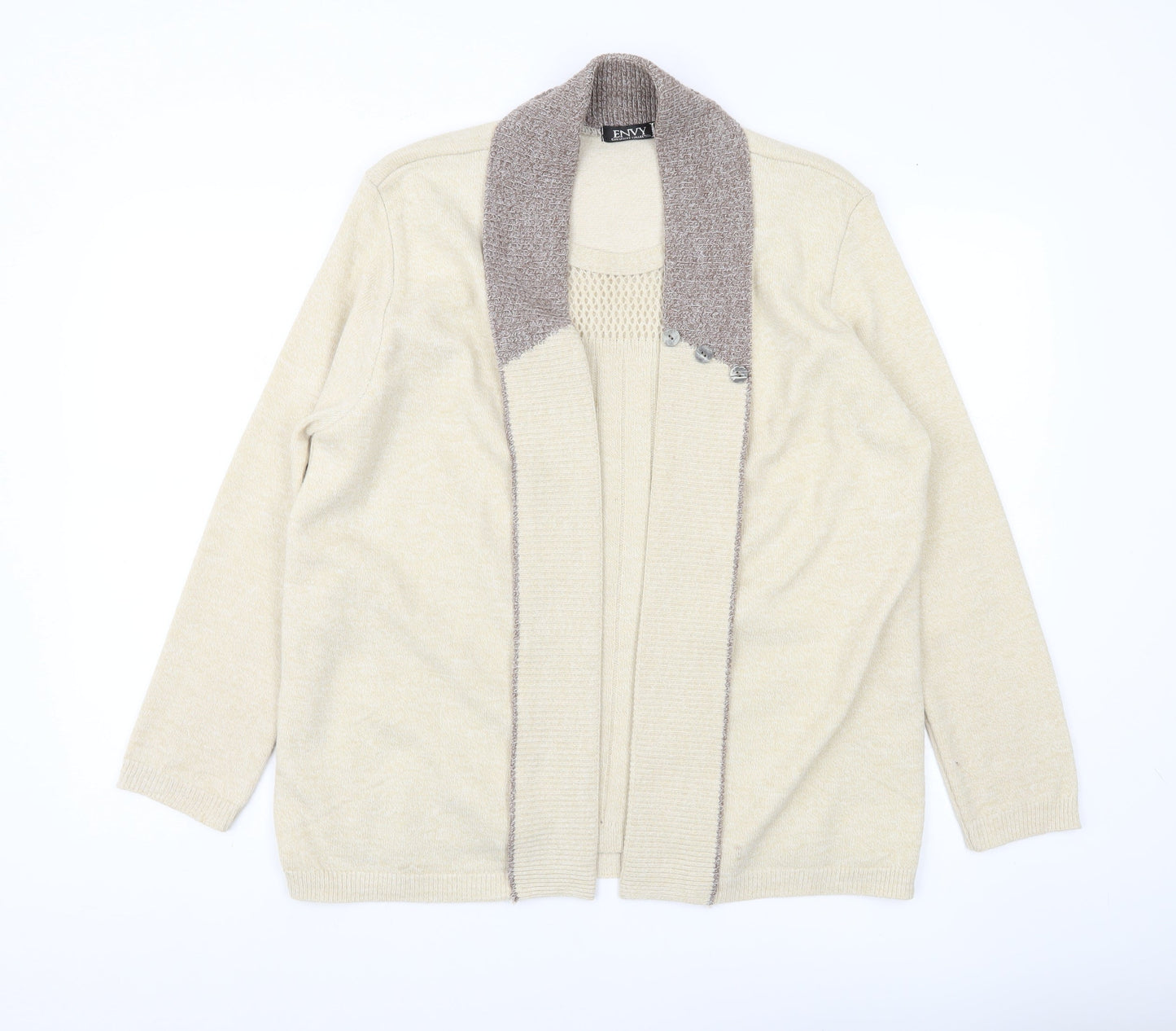 Envy Womens Beige Cardigan L Collared Knit Long Sleeve Jumper