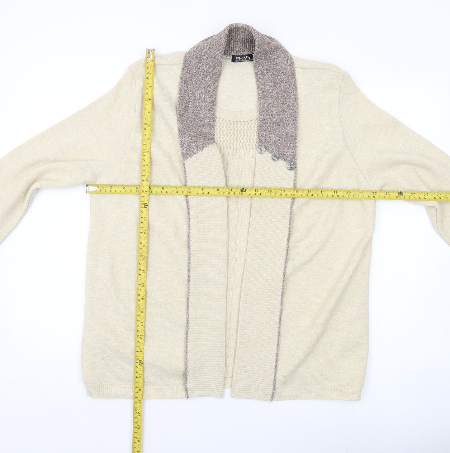 Envy Womens Beige Cardigan L Collared Knit Long Sleeve Jumper