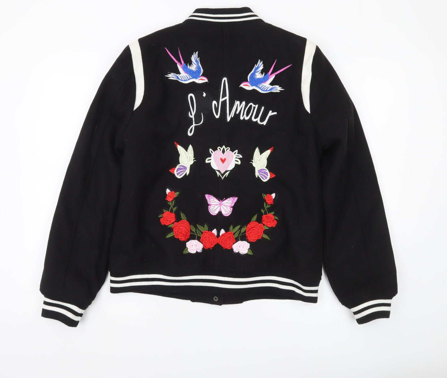 New Look Women’s Black Varsity Jacket Size 14 Embroidered Floral Bomber