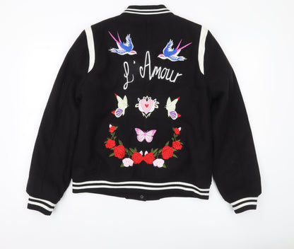 New Look Women’s Black Varsity Jacket Size 14 Embroidered Floral Bomber