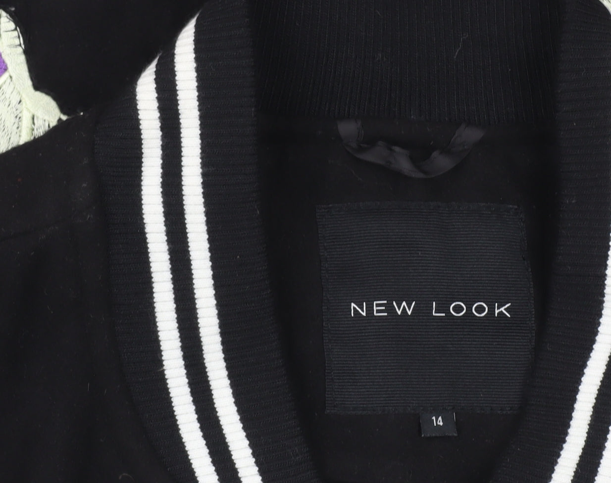 New Look Women’s Black Varsity Jacket Size 14 Embroidered Floral Bomber