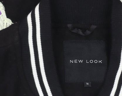 New Look Women’s Black Varsity Jacket Size 14 Embroidered Floral Bomber