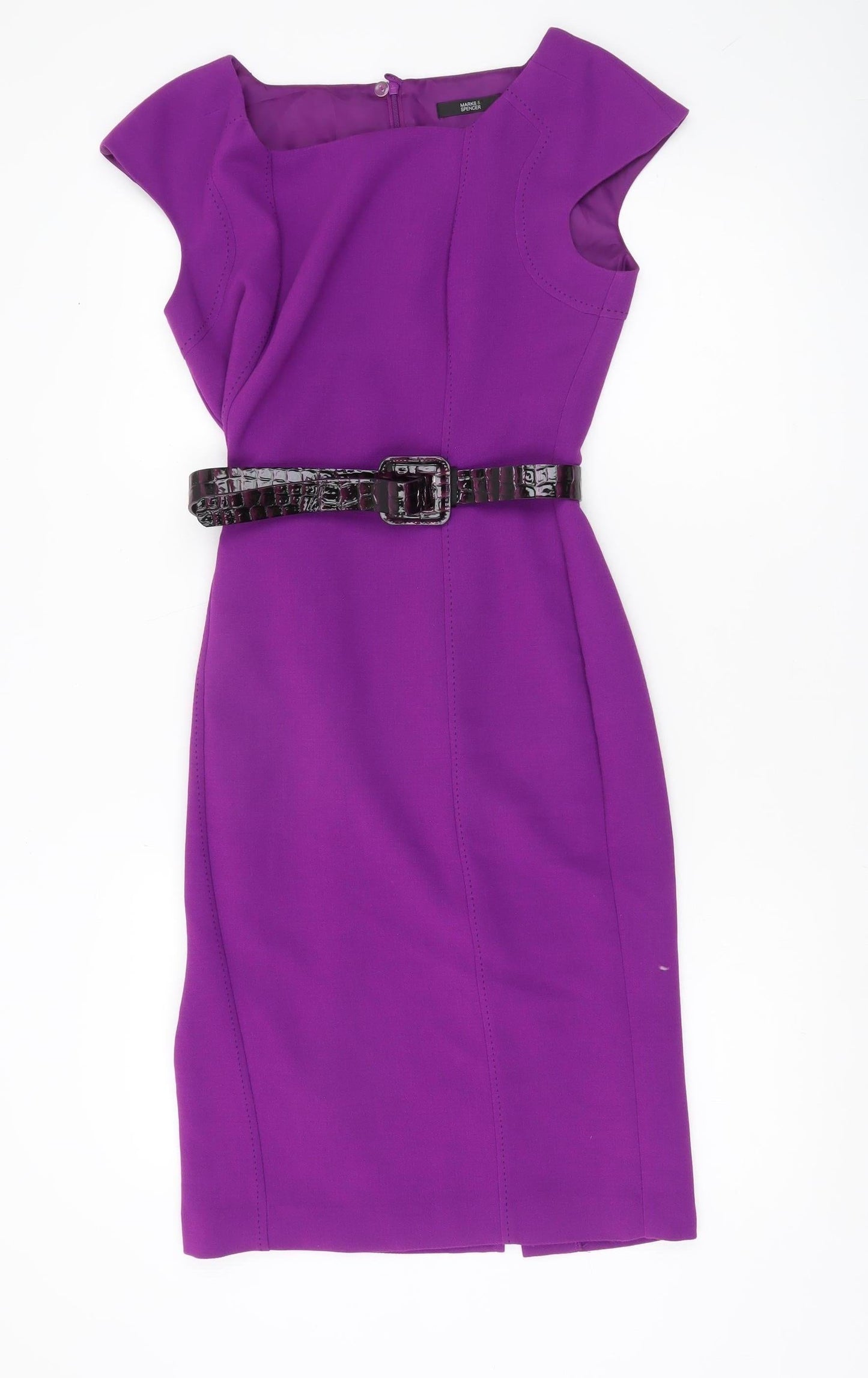 Marks and Spencer Womens Purple Sheath Dress UK 8 Belted Knee Length Workwear