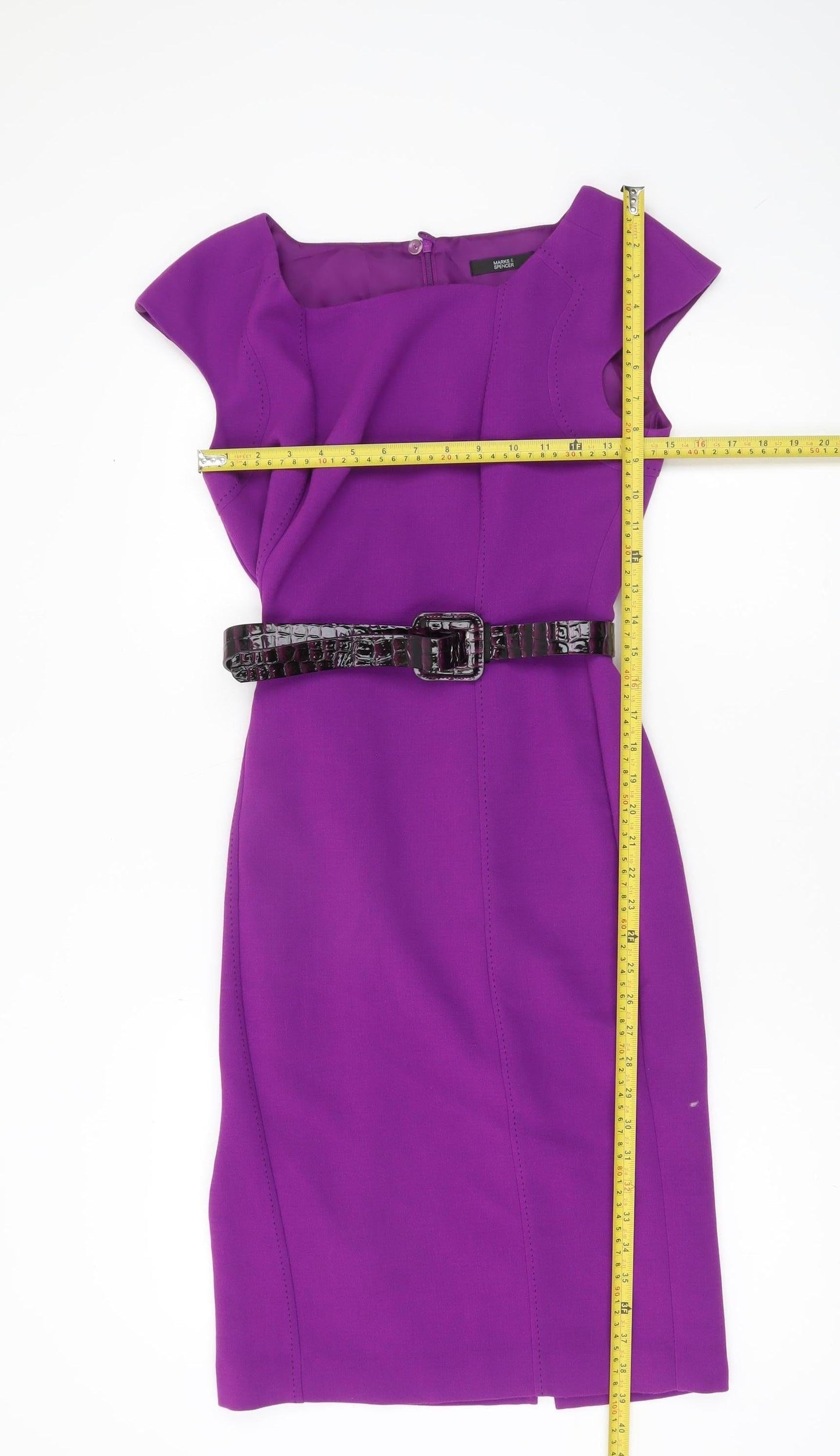 Marks and Spencer Womens Purple Sheath Dress UK 8 Belted Knee Length Workwear