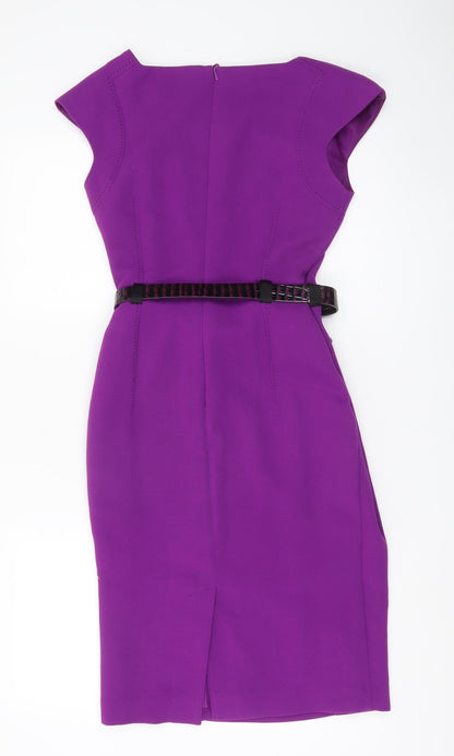 Marks and Spencer Womens Purple Sheath Dress UK 8 Belted Knee Length Workwear