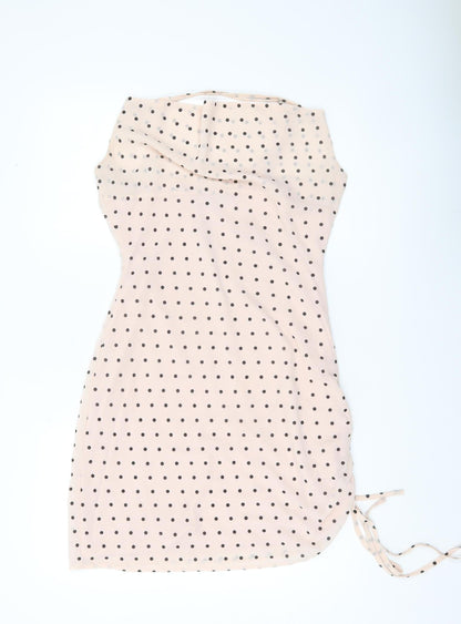 Nasty Gal Women’s Beige Polka Dot Bodycon Dress UK 12 Sleeveless Cowl Neck