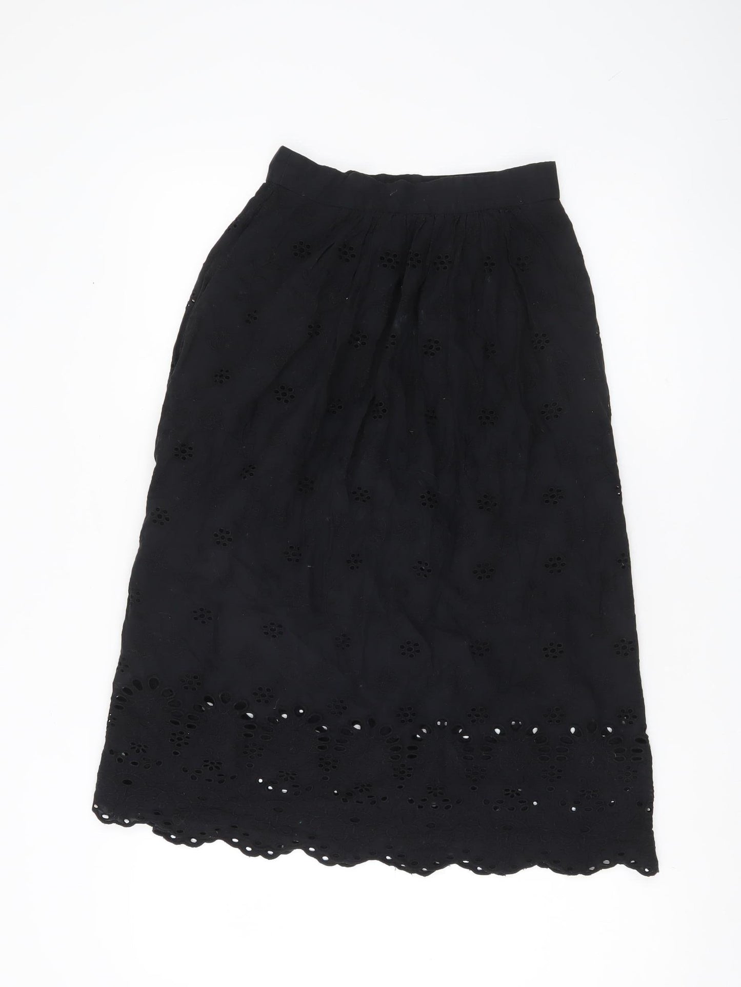 H&M Women’s Black Cotton A-Line Midi Skirt Size 6 Embroidered