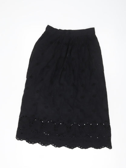 H&M Women’s Black Cotton A-Line Midi Skirt Size 6 Embroidered