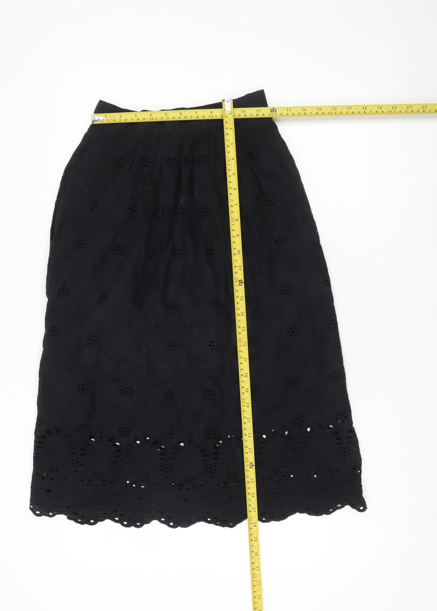 H&M Women’s Black Cotton A-Line Midi Skirt Size 6 Embroidered