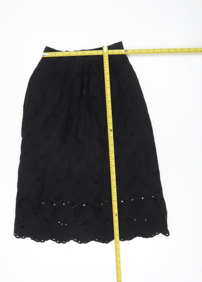 H&M Women’s Black Cotton A-Line Midi Skirt Size 6 Embroidered