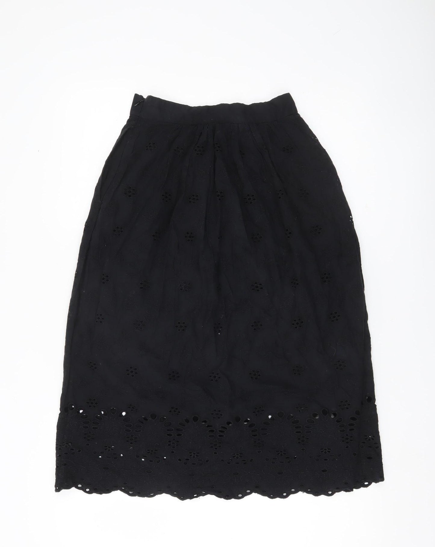 H&M Women’s Black Cotton A-Line Midi Skirt Size 6 Embroidered