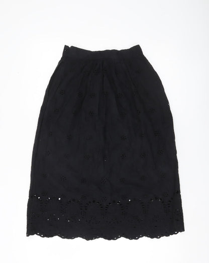 H&M Women’s Black Cotton A-Line Midi Skirt Size 6 Embroidered