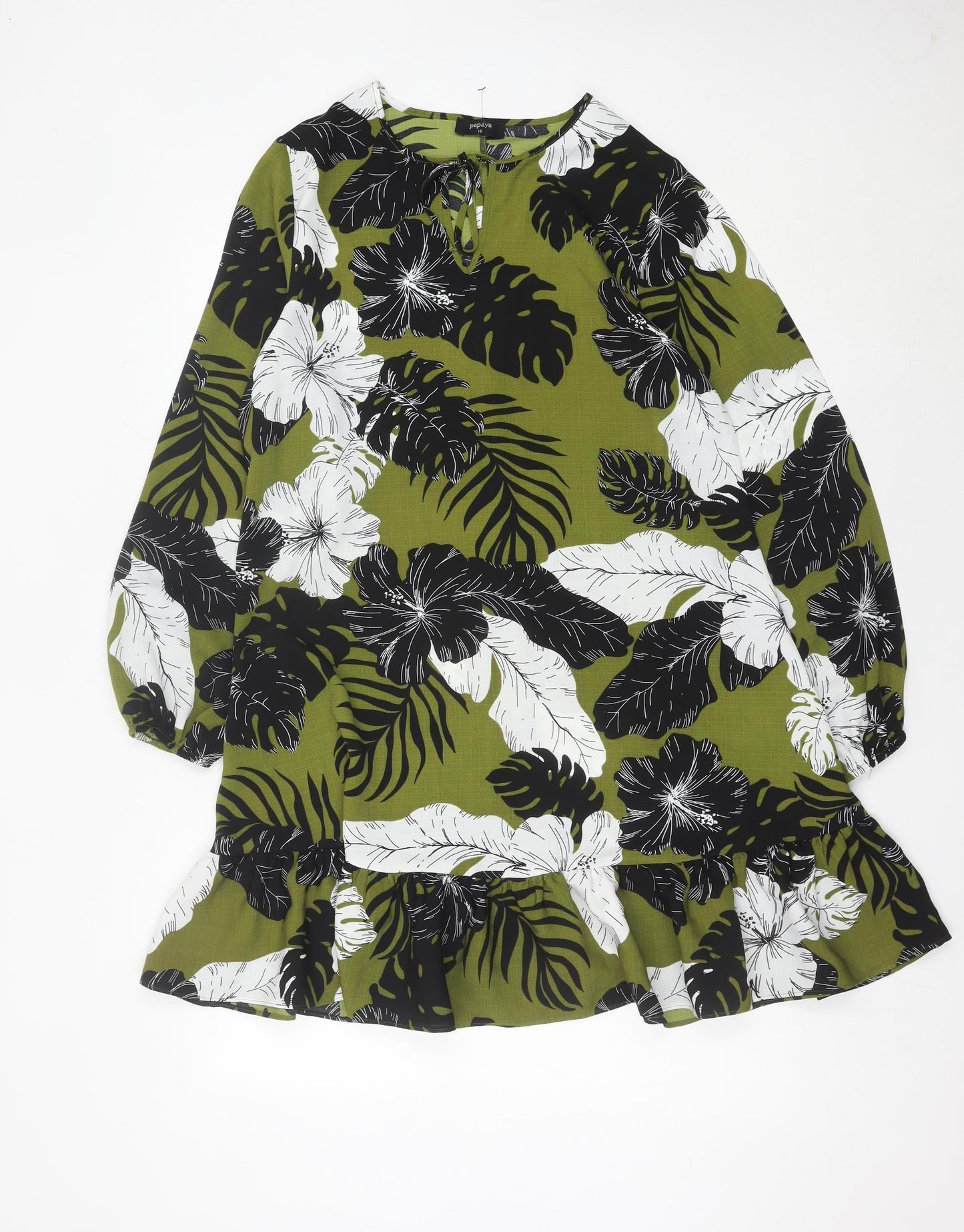 Papaya Women’s Green Floral Shift Dress Size 12 Ruffle Hem