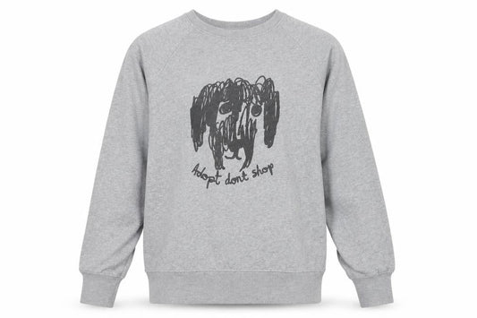 Front view of Black Score unisex grey medium sweatshirt graphic dog print