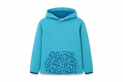 Front view of Decathlon boys’ blue pullover hoodie 14 years geometric pocket long sleeve