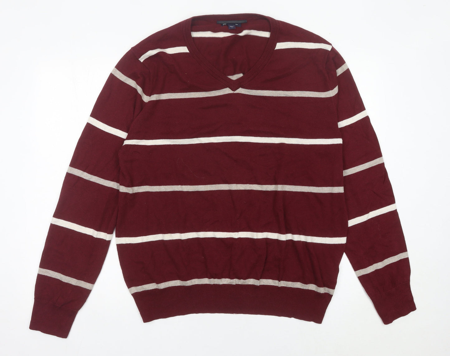 Gap Mens Red Striped Cotton V-Neck Jumper Size L