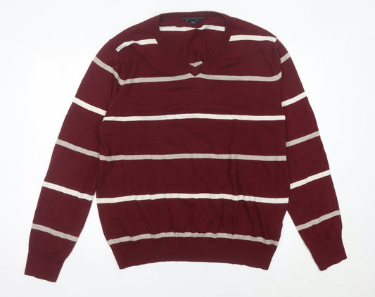 Gap Mens Red Striped Cotton V-Neck Jumper Size L