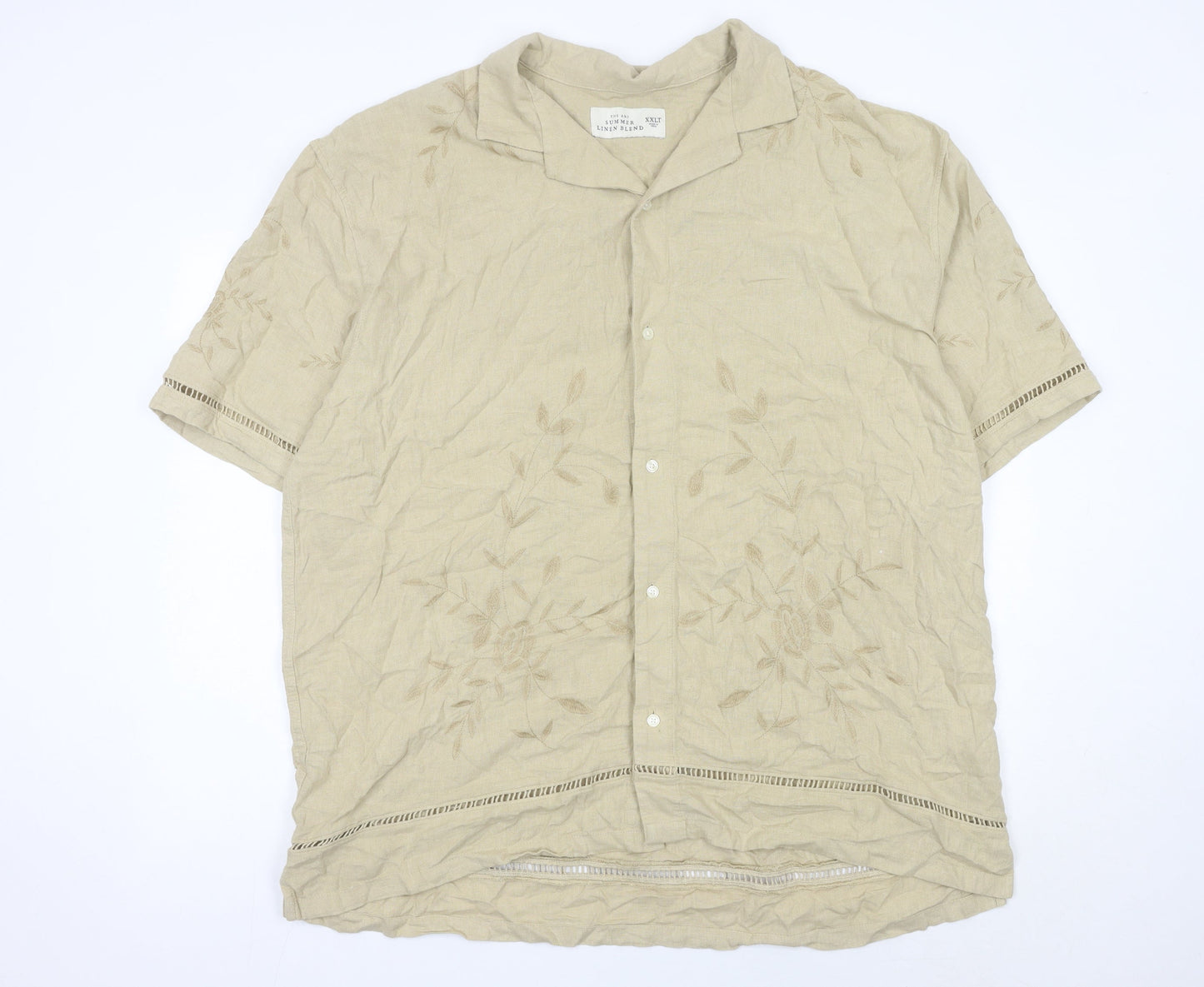 Abercrombie & Fitch Mens Beige 2XL Tall Linen Blend Embroidered Button Shirt
