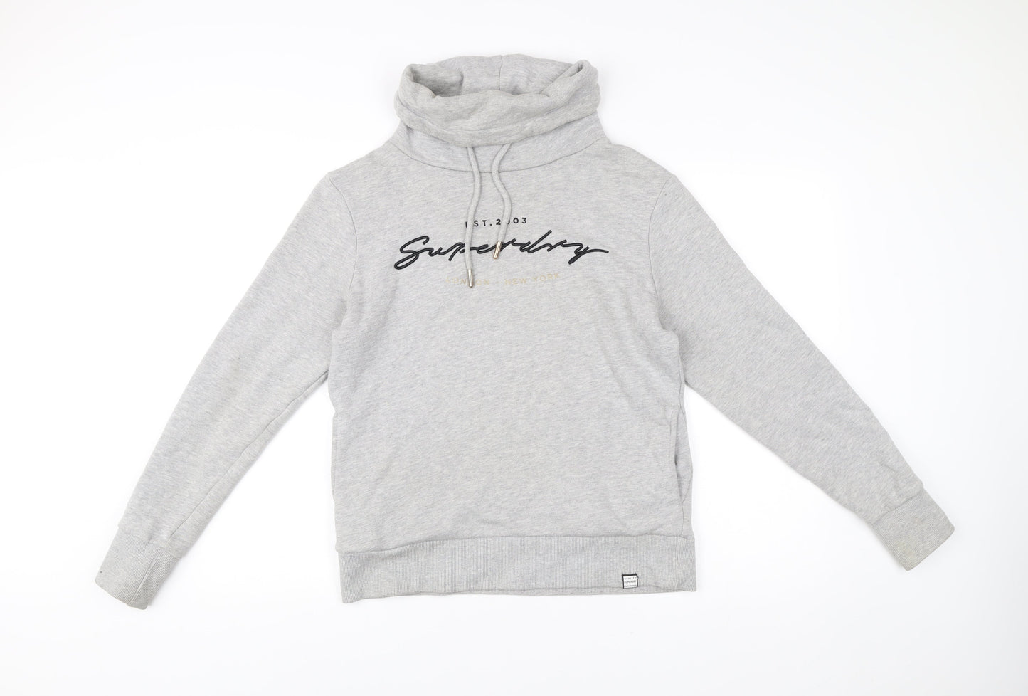Superdry Womens Grey Hoodie UK 12 Pullover Cowl Neck Logo Sweatshirt