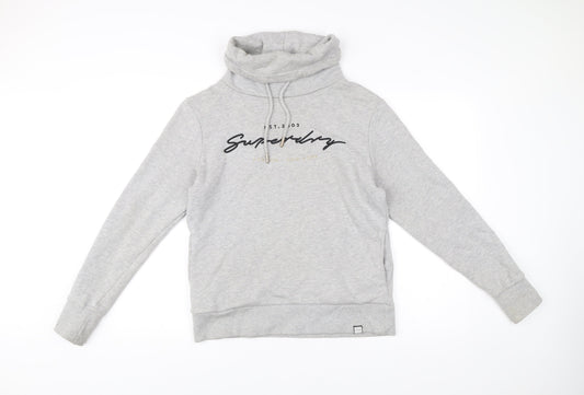 Superdry Womens Grey Hoodie UK 12 Pullover Cowl Neck Logo Sweatshirt