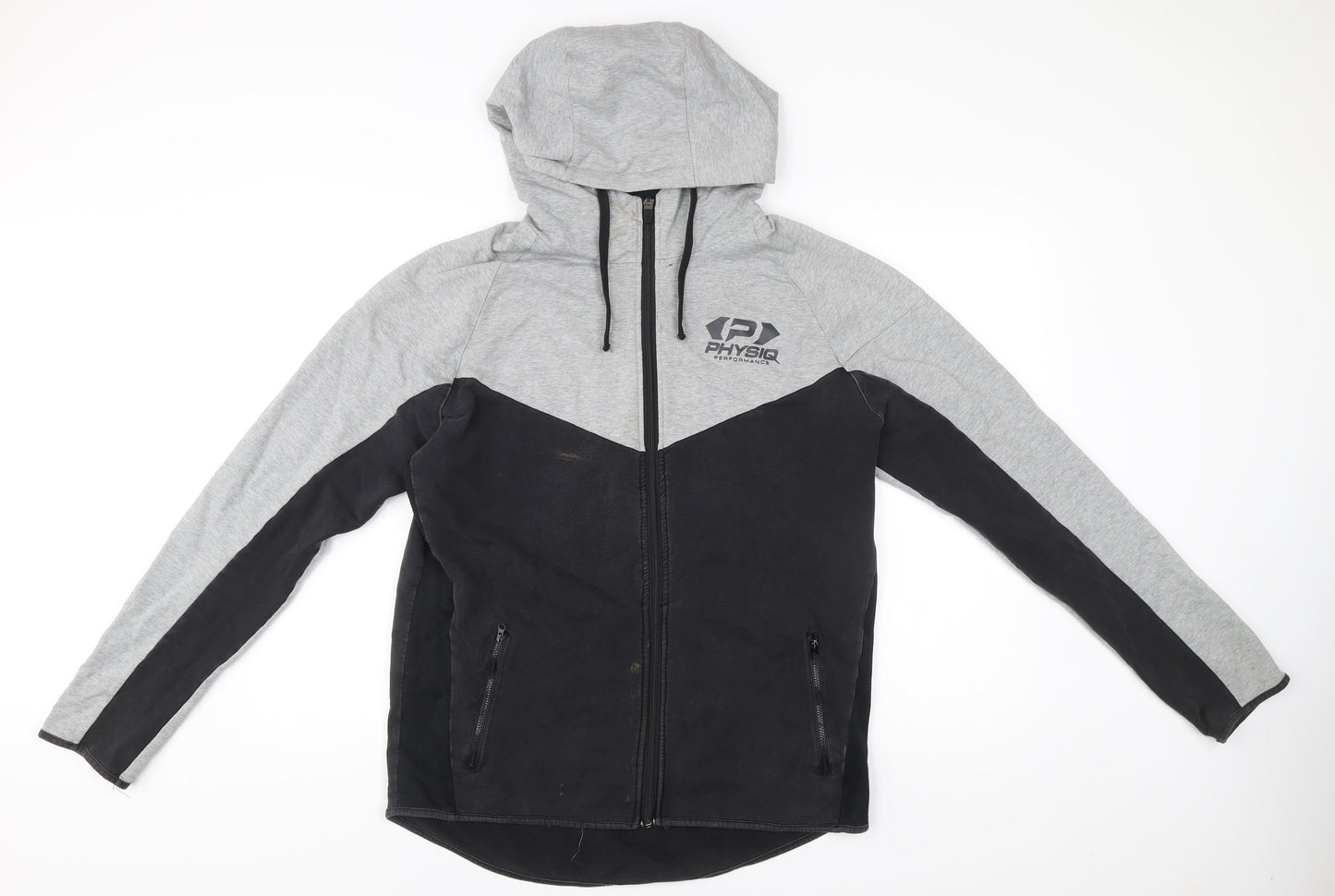 Physiq Apparel Mens Grey Black Full Zip Hoodie Size L Slim Fit Sports